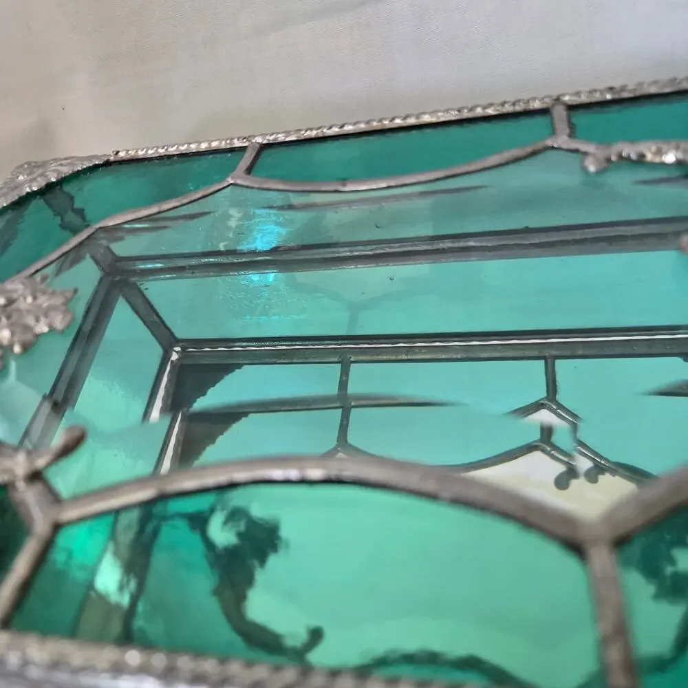 Teal Green Stained Glass Mirrored Jewelry Box Trinket Box Beveled and Waterglass